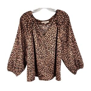 Ann Taylor LOFT Leopard Print Blouse Sz L Satin V Neck Boho Glam Quiet Luxury